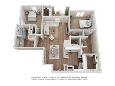 Floor plan for 2 beds, 2 baths, 1332 sqft